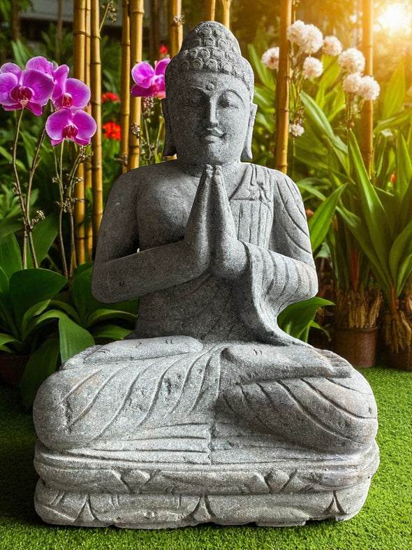 Buddha Statue Praying Hand Carved Stone 800mm Stone Base (3049)