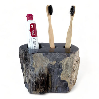Petrified Wood Luxury Toothbrush & Toothpaste Holder, 3 Hole (G)