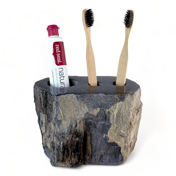 Petrified Wood Luxury Toothbrush & Toothpaste Holder, 3 Hole (G)