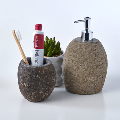 Luxury 2 Piece Raw Stone Soap Dispenser & Toothbrush Holder